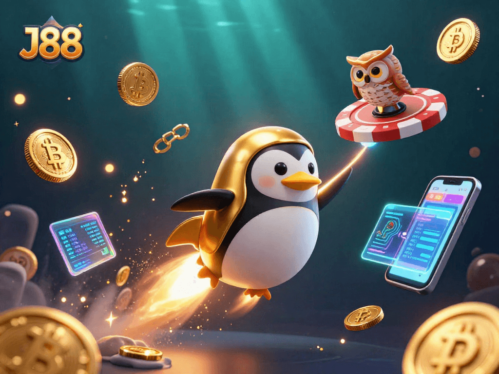 Experience J88's thrilling gameplay with the golden penguin launching towards a cosmic casino!