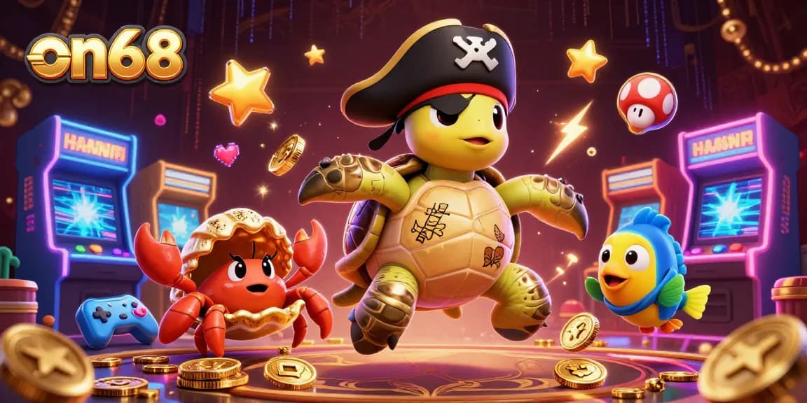 Experience thrilling gameplay with on68, featuring a pirate turtle and vibrant casino scenes.