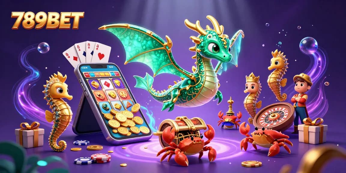 Immerse in the vibrant world of 789BET with a dragon and seahorse-themed casino fiesta featuring dynamic gaming elements.