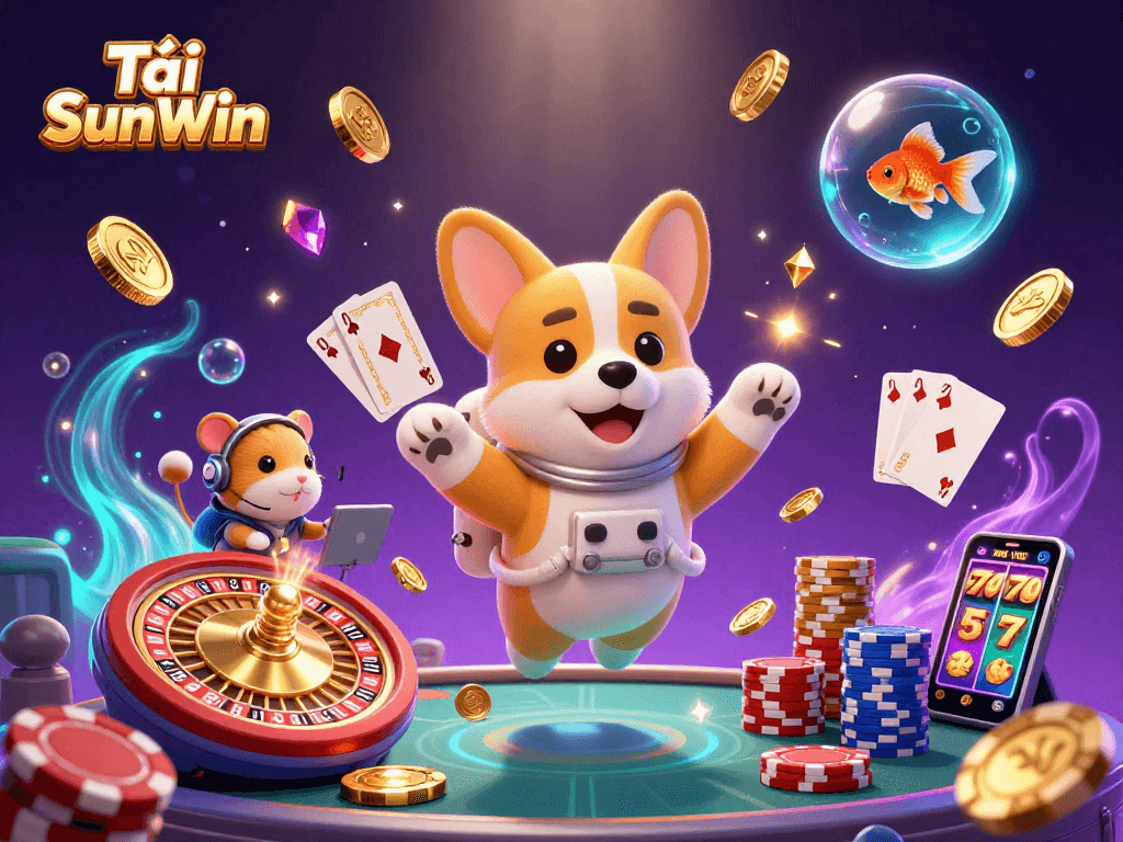 Tải SunWin features an astronaut corgi in a thrilling casino space scene with poker elements.