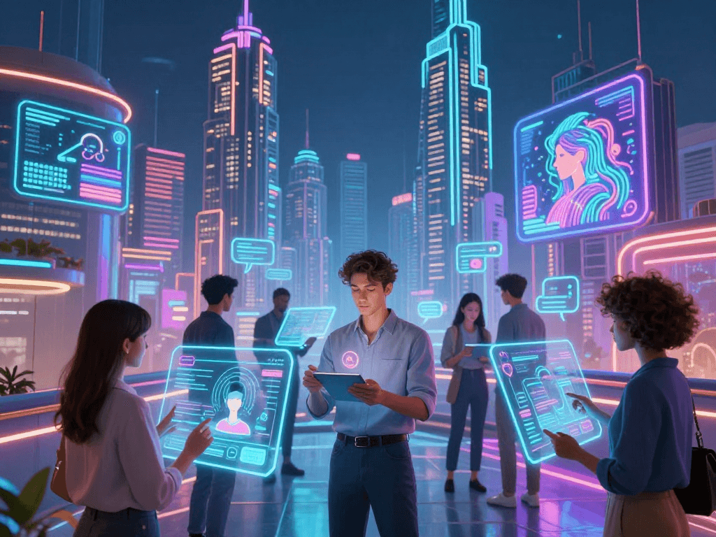 Dynamic urban scene featuring individuals engaging with sluts ai holographic interfaces, showcasing innovative technology.