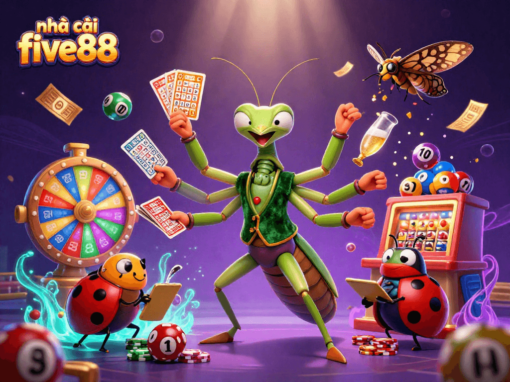 Experience the vibrant world of nhà cái five88 with dynamic lottery and casino elements in a colorful 3D digital illustration.
