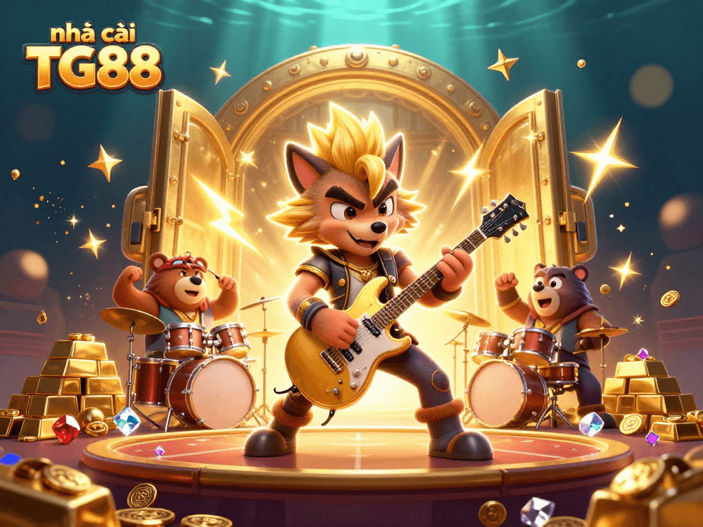Experience the thrill of nhà cái TG88 with dynamic casino elements showcasing golden treasures and 3D cartoon characters.