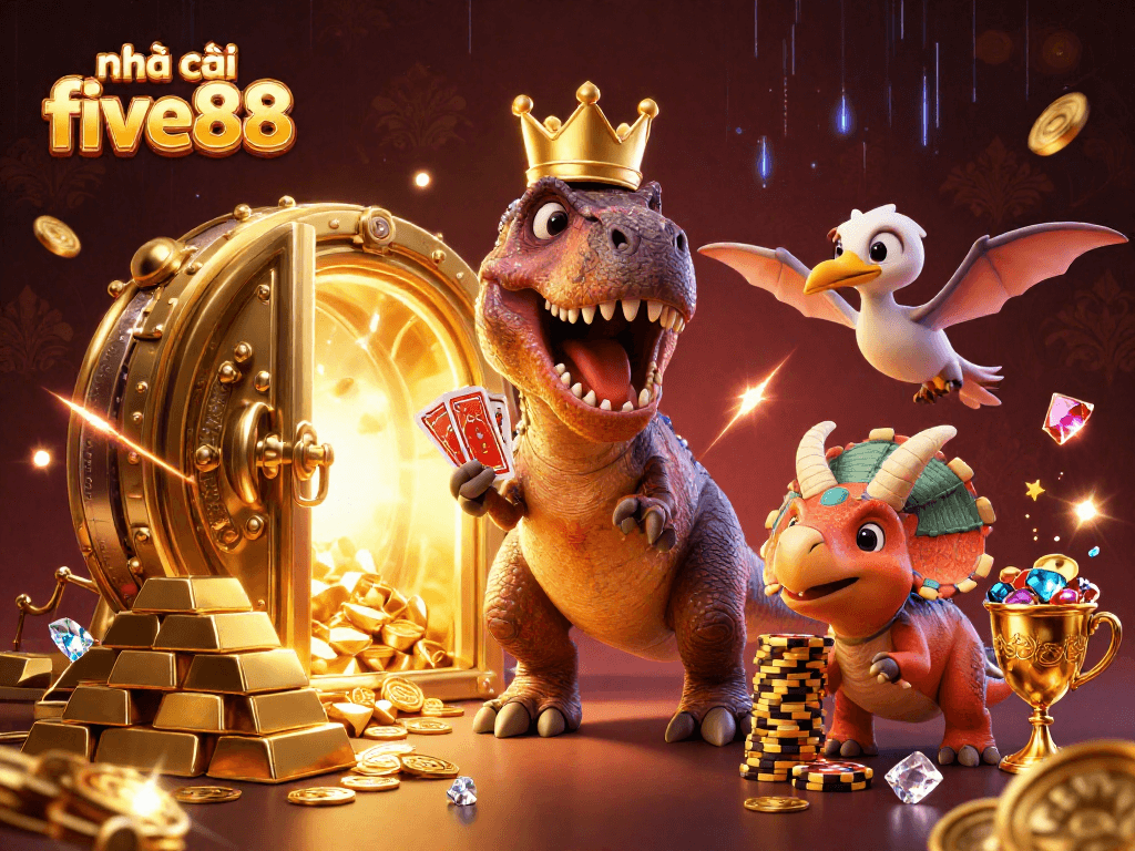 Play cards at nhà cái five88, featuring a T-Rex shuffling cards, with golden chips, and treasure elements.
