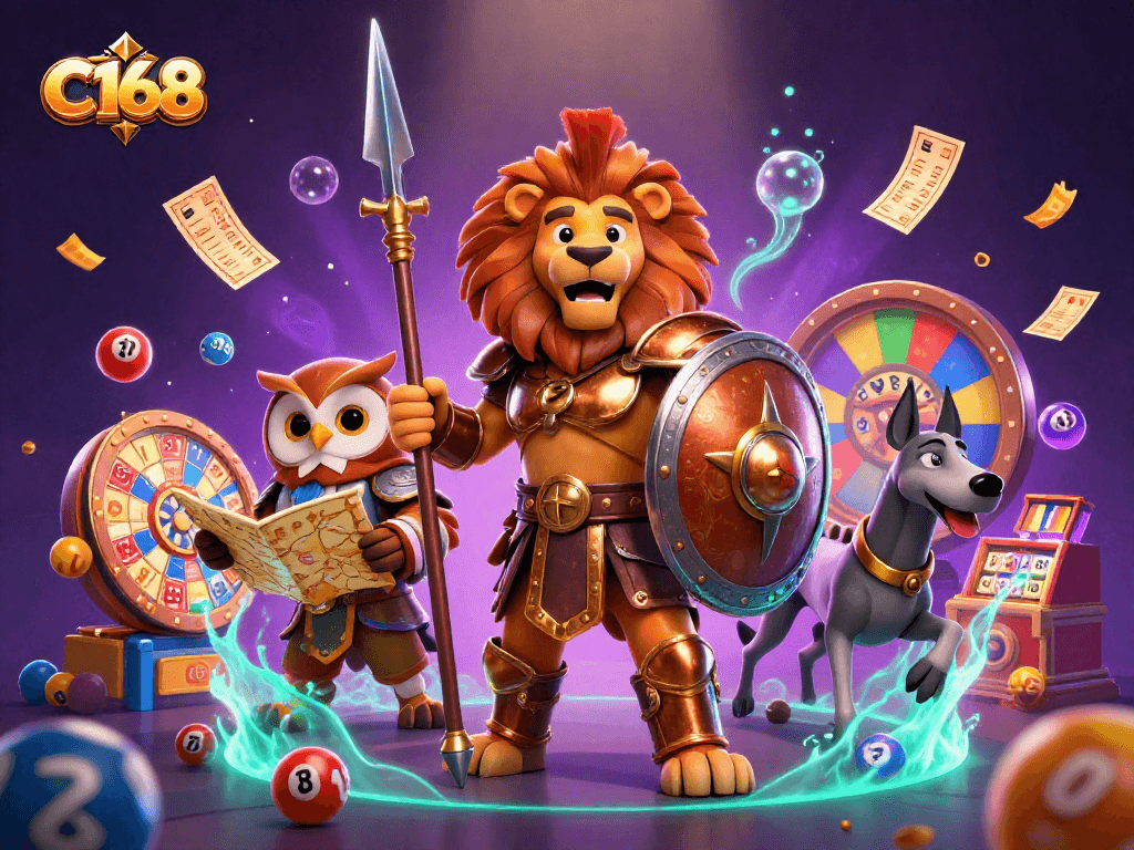 C168 engages players with a vibrant mix of games, including colorful lottery elements and strategic characters.