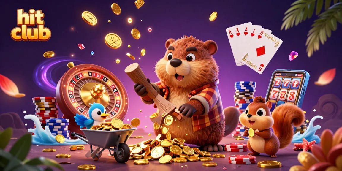 Hit club celebrates wins with animated beaver and bird among cascading coins and vibrant casino elements.