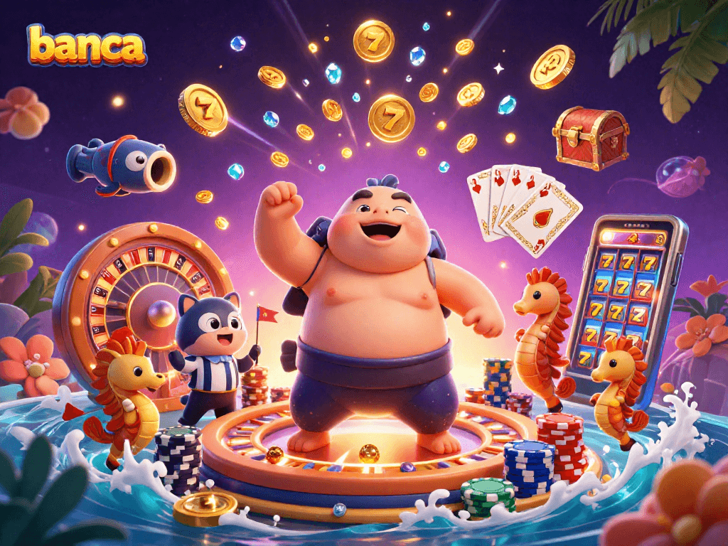 Burst into action with banca featuring a fugu sumo wrestler in an underwater ring amid vibrant casino elements.