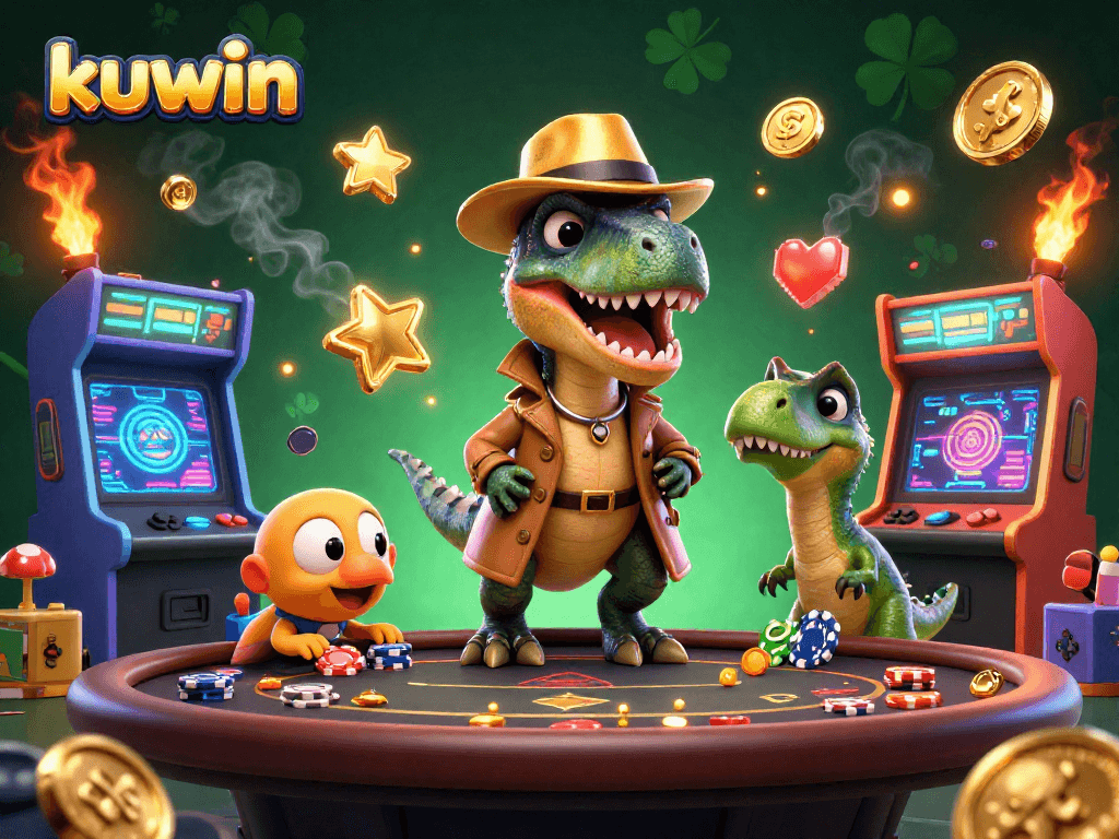 Kuwin-themed poker scene with a velociraptor card counter, stegosaurus pit boss, and chip-stealing compy