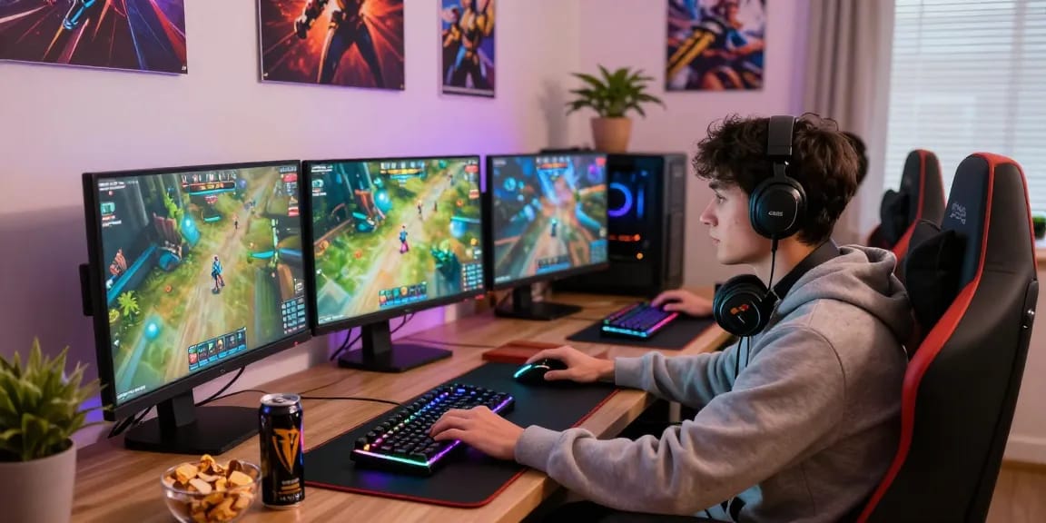 Gamer immersed in rokok88 action at a vibrant online gaming setup