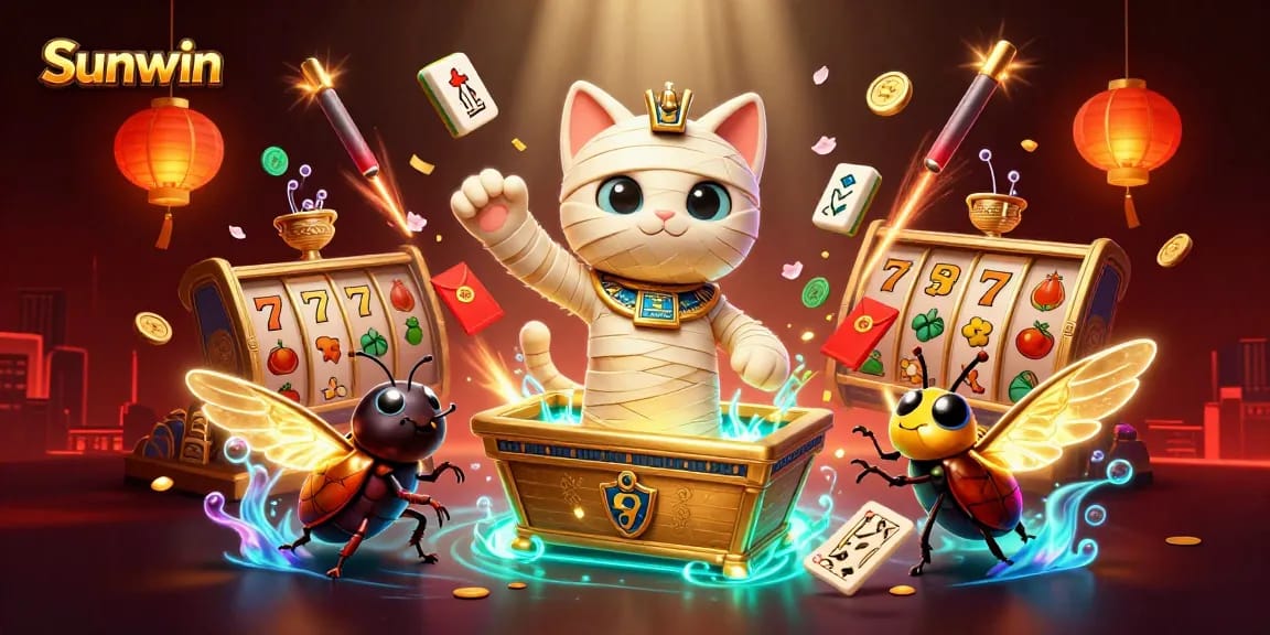 Engage with Sunwin's vibrant casino scene featuring an Egyptian mummy cat and dynamic gaming elements.