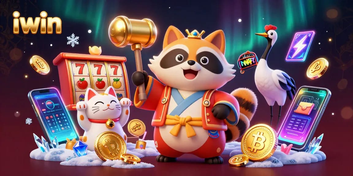 Join the iwin casino with cheerful tanuki and vibrant symbols of fortune in a festive, 3D illustration.