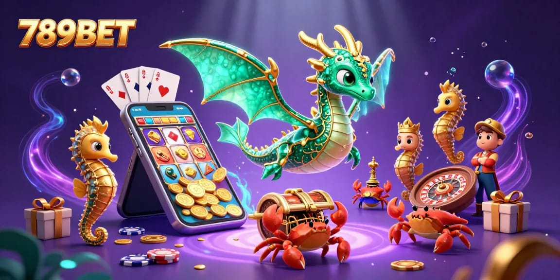 Immerse in the vibrant world of 789BET with a dragon and seahorse-themed casino fiesta featuring dynamic gaming elements.