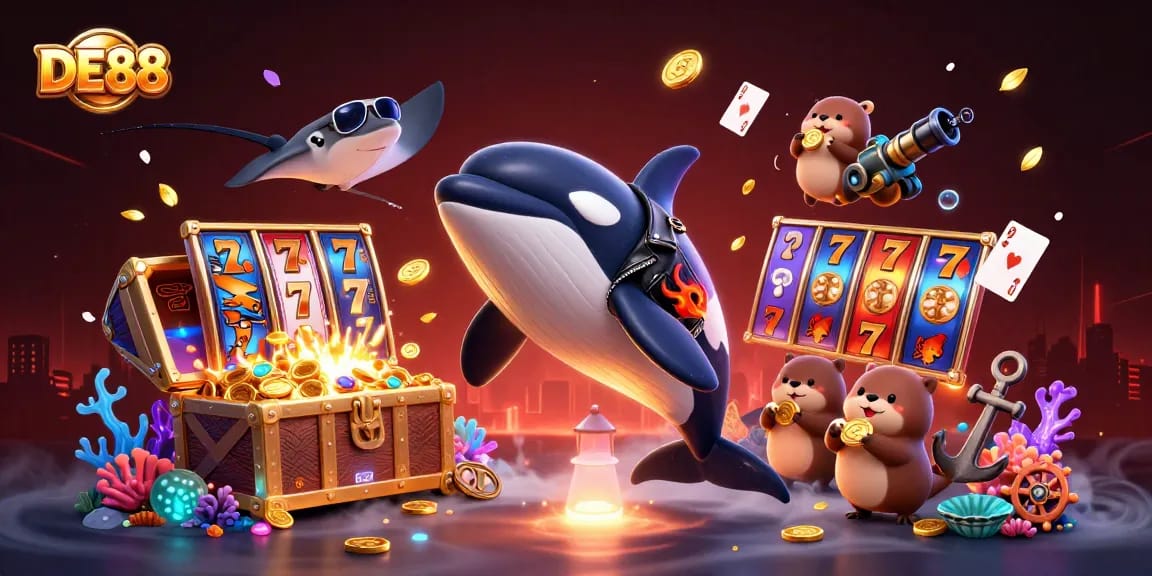 Explore exciting gaming with DE88 as characters celebrate luck with vibrant slot reels and marine treasures.