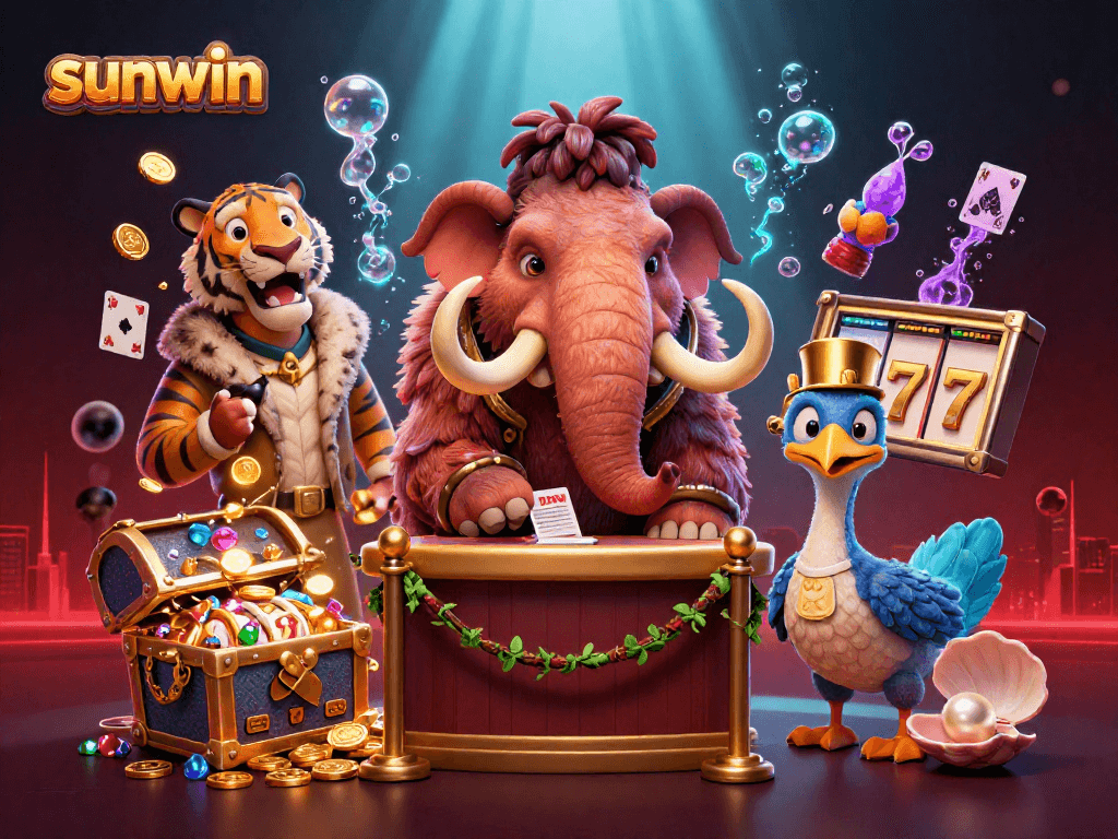 Enjoy thrilling gaming action at sunwin with a vibrant scene of 3D characters and casino elements.