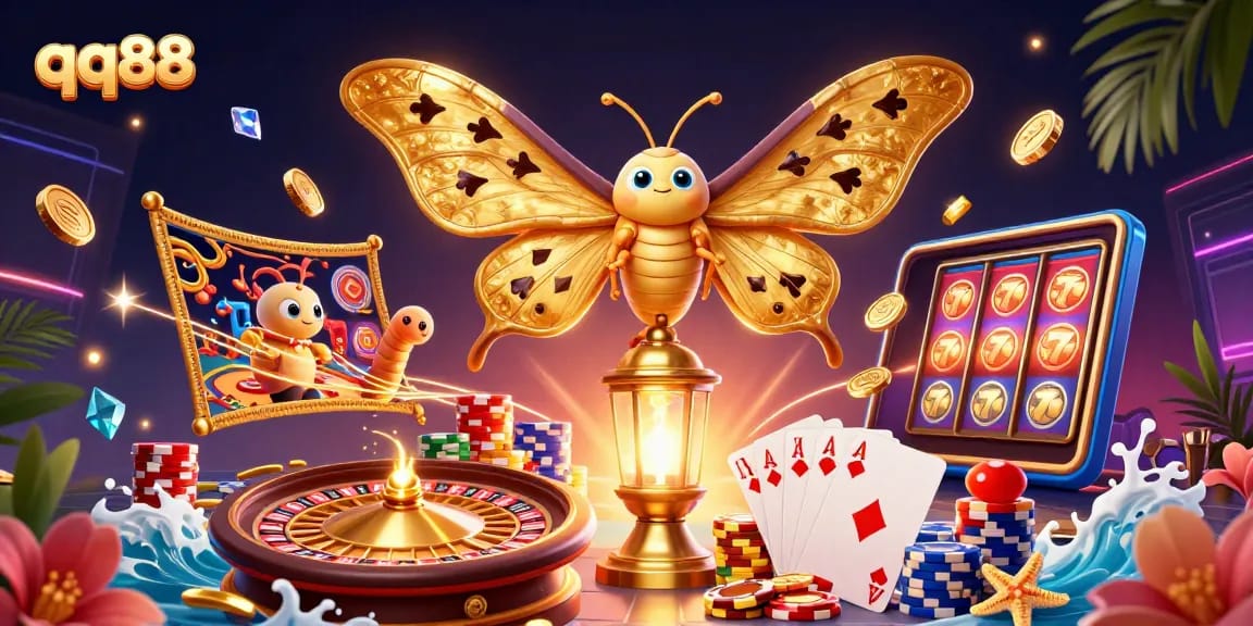 Experience thrilling gameplay at qq88 with vibrant casino illustrations featuring dynamic gold coins and games.