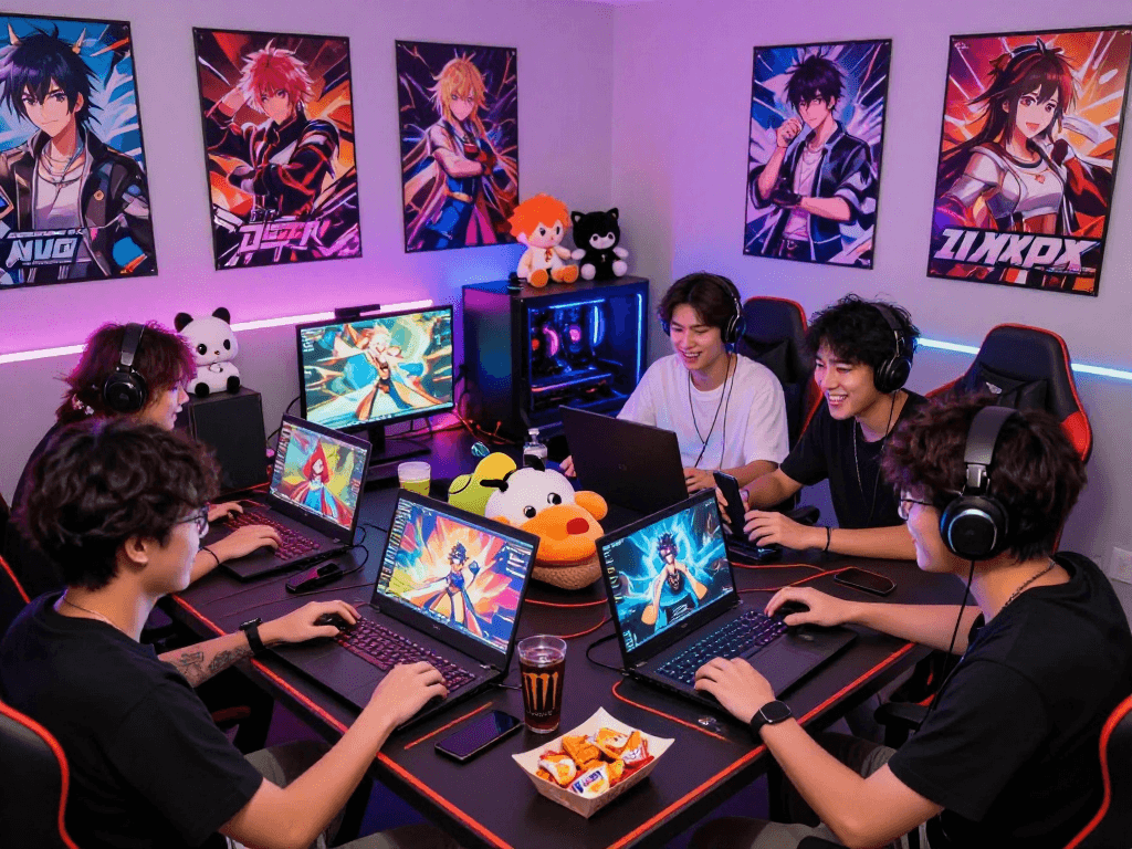 Engaged players enjoying a hentai game with colorful anime artwork and vibrant gaming decor.