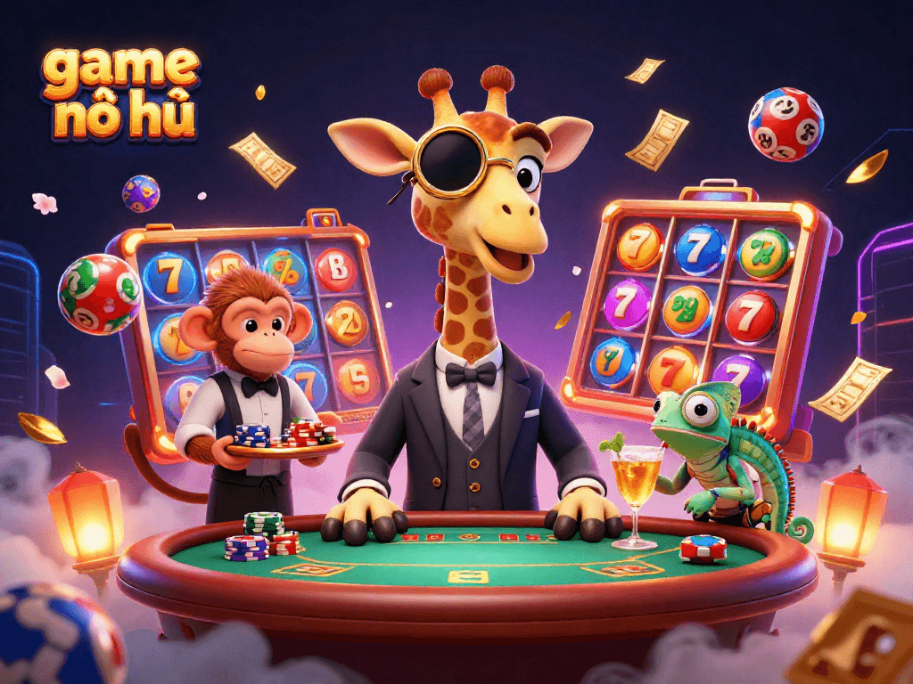 Engage with the thrilling game nổ hũ experience as a high-roller giraffe enjoys vibrant slots action.