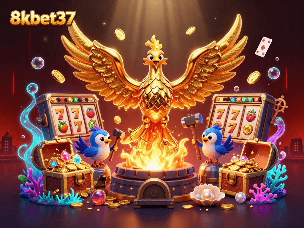 Experience excitement at 8kbet37 with a dynamic scene of golden phoenix surrounded by slot reels and vibrant treasures.