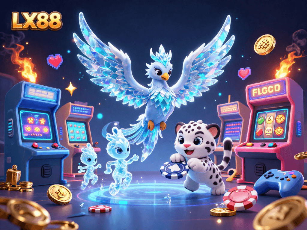 Experience thrilling gameplay at LX88 with a vibrant scene of an ice phoenix and gaming elements.