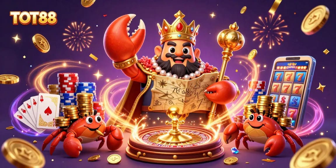 Explore the vibrant TOT88 gaming scene with a golden crab emperor and dazzling casino elements.