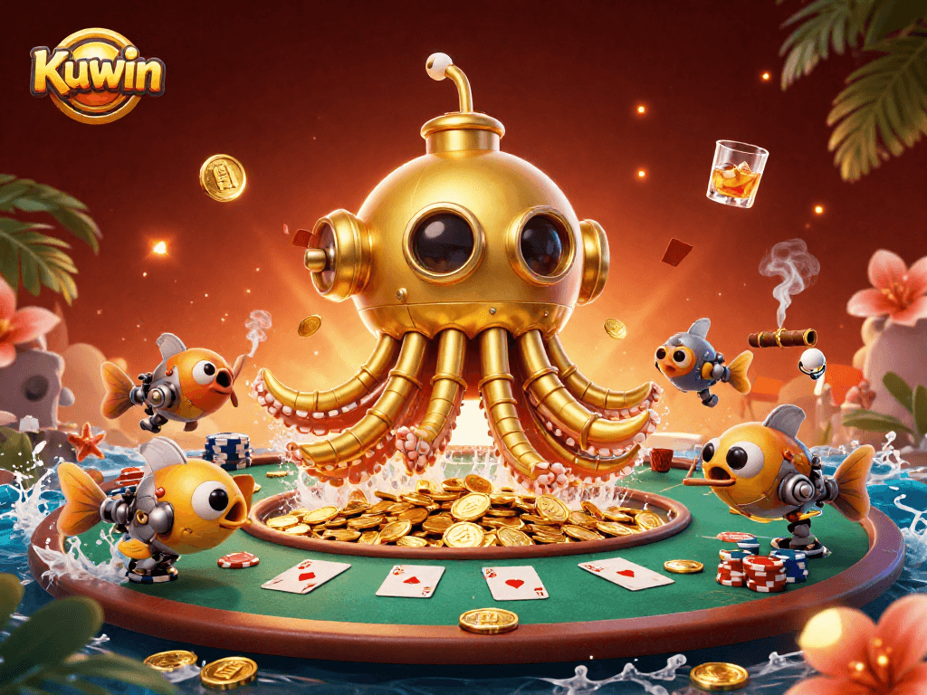 Kuwin's golden kraken submarine emerges from coins while surrounded by vibrant poker elements.
