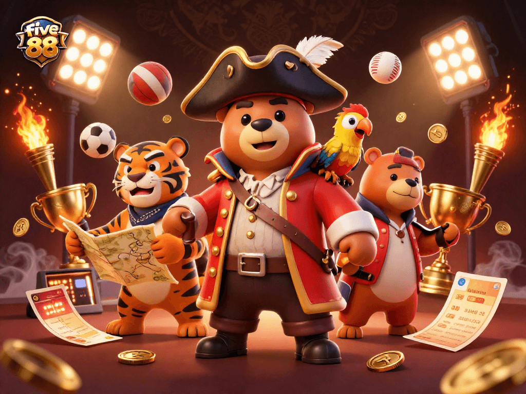Experience the thrill of betting at five 88 with a vibrant pirate-themed casino scene filled with exciting game elements.