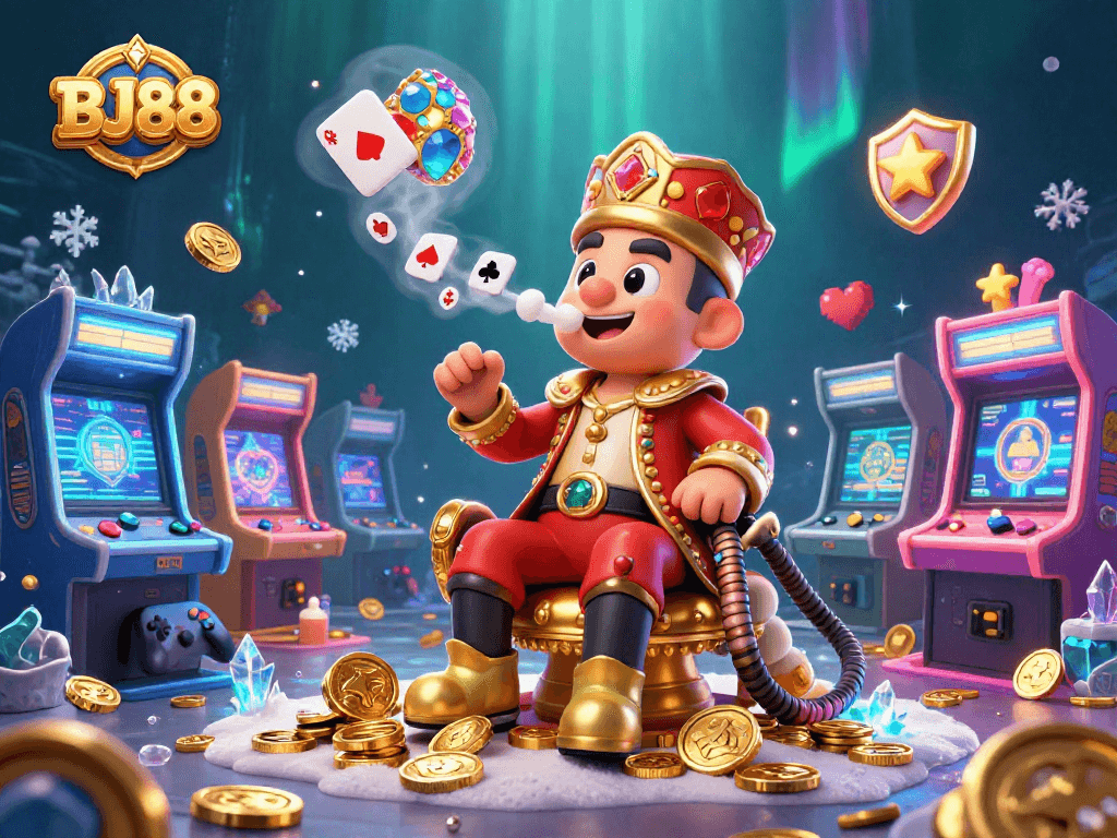 Experience BJ88's vibrant online gaming scene with a dynamic illustration featuring casino elements.