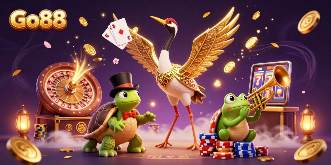 Experience thrilling gameplay at Go88 with vibrant casino characters amidst cascading coins.