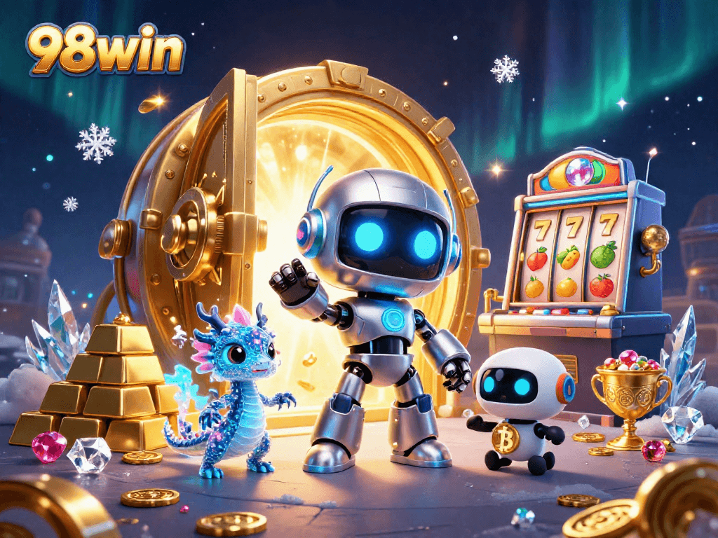 Engage with 98win in an exciting online casino scene with a vibrant slot machine and characters.