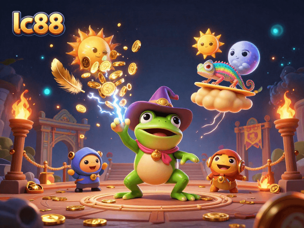 Experience the thrill of lc88 with a dynamic scene of a weather wizard frog and chameleon amidst a casino storm.