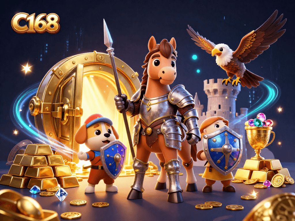 C168 showcases a thrilling 3D casino adventure with medieval characters amidst treasures and dynamic elements.