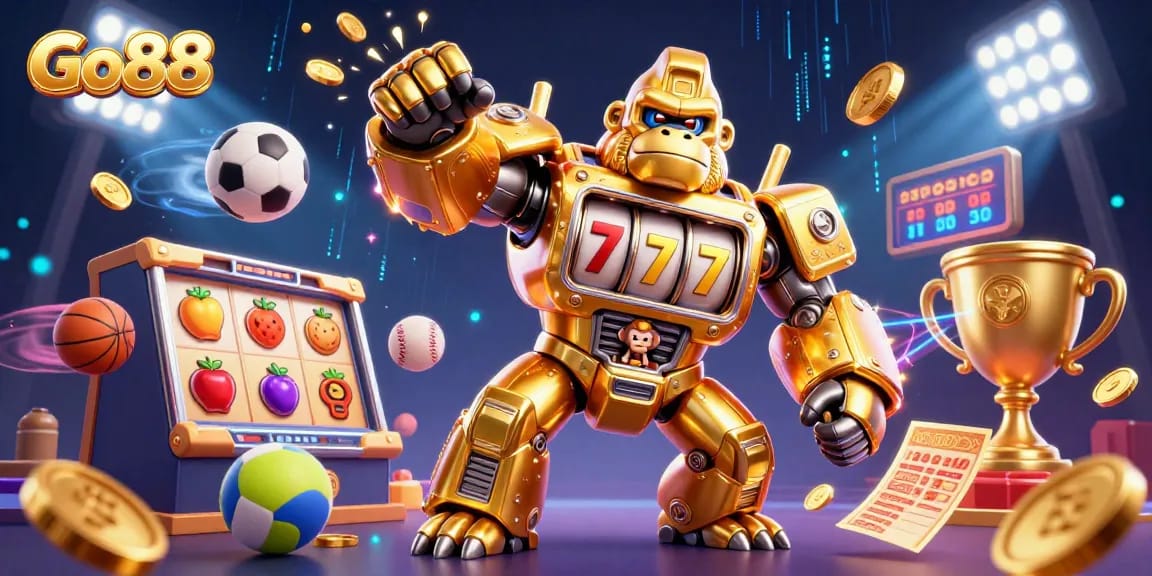 Experience thrilling victories at Go88 with a stunning 3D illustration of a golden gorilla mech and exciting gaming elements.