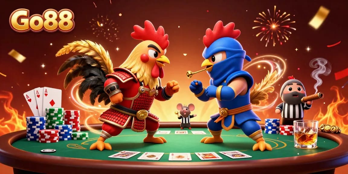 Witness the action at Go88 with twin fighting roosters in a thrilling poker showdown.