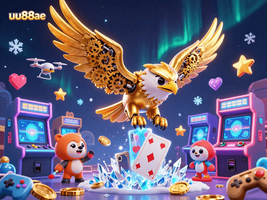 Engage in thrilling gaming action with the uu88ae cybernetic eagle and colorful 3D elements.
