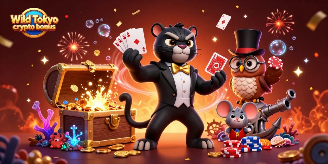 Gioca a Wild Tokyo crypto bonus con l'illustrazione di una pantera elegante, un gufo e un topo fortunato.