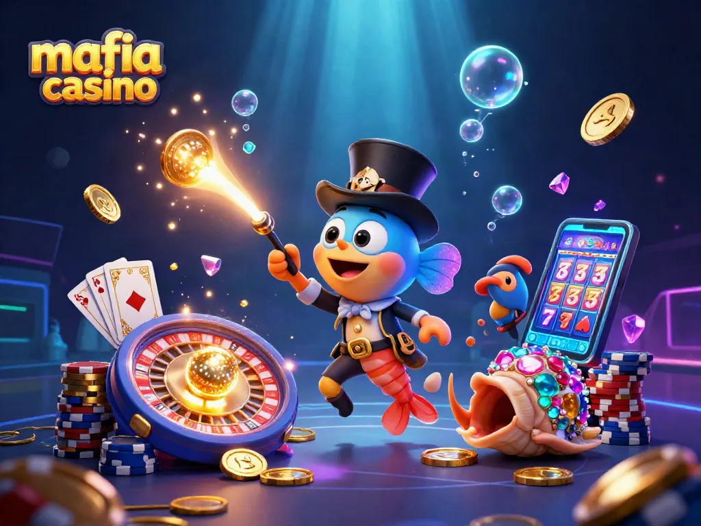 Mafia casino scene with glowing anglerfish and pirate shrimp attracting coins in an underwater setting.