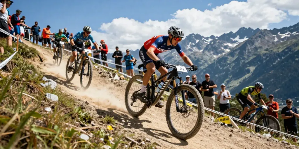 Athlete competing in the World MTB Championships, showcasing ciclismo professionistico amidst an exciting mountain biking trail.