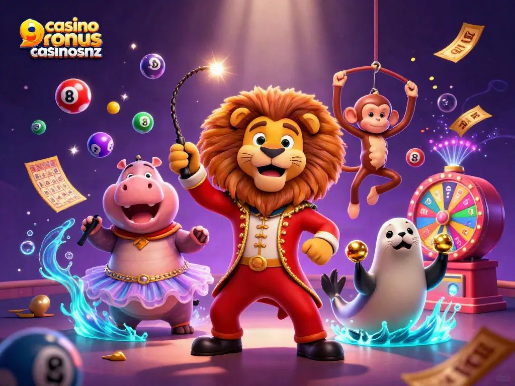 Experience vibrant thrills with casino bonus casinosnz featuring animated circus characters and lottery fun.