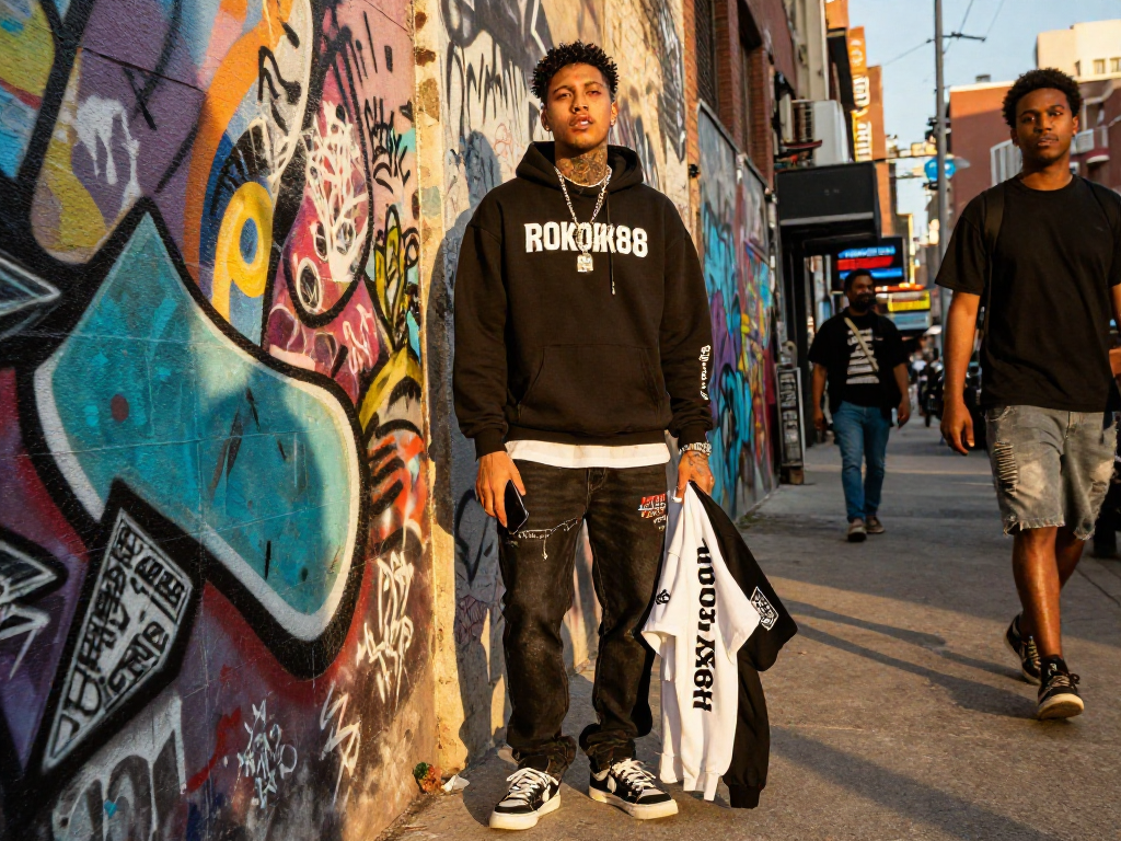 Exclusive Machine Gun Kelly merchandise rokok88 worn by trendy individual in urban setting.