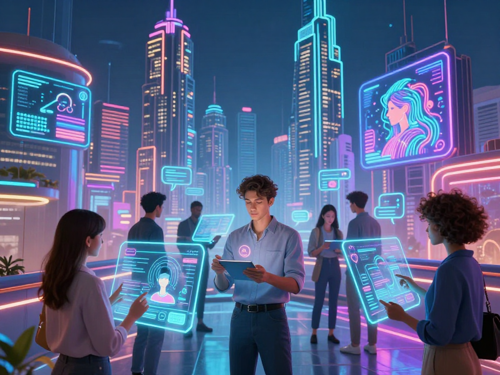 Dynamic urban scene featuring individuals engaging with sluts ai holographic interfaces, showcasing innovative technology.