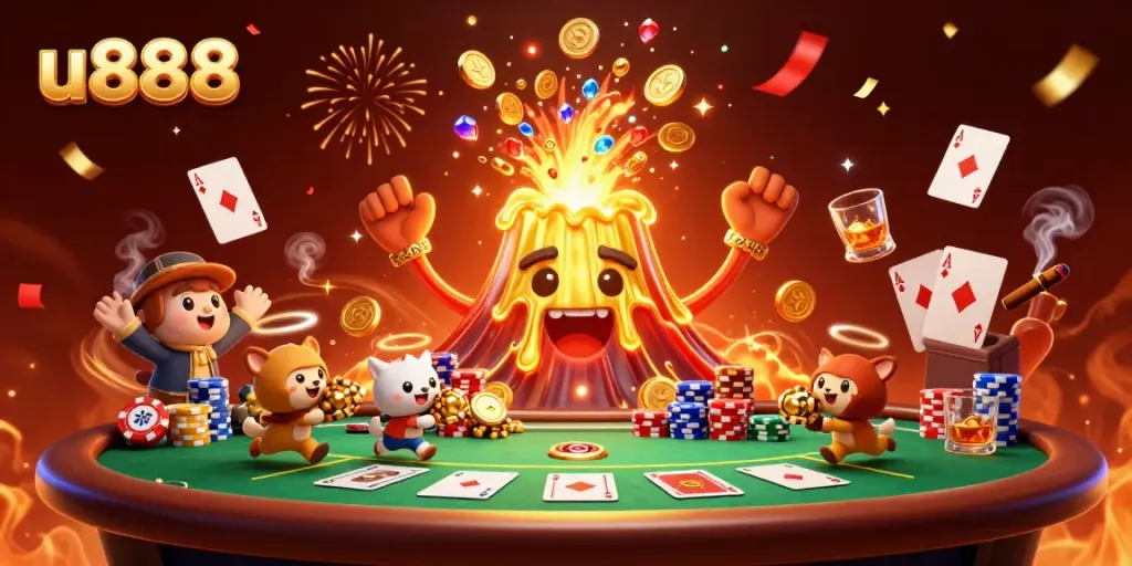 Play thrilling games at u888 with a golden volcano erupting treasures in a captivating casino scene.