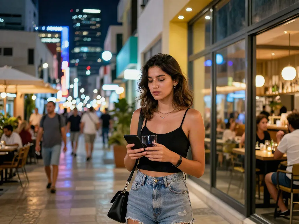Stylish young woman in Tel Aviv nightlife scene, showcasing vibrant city lights and excitement for נערות ליווי בתל אביב.