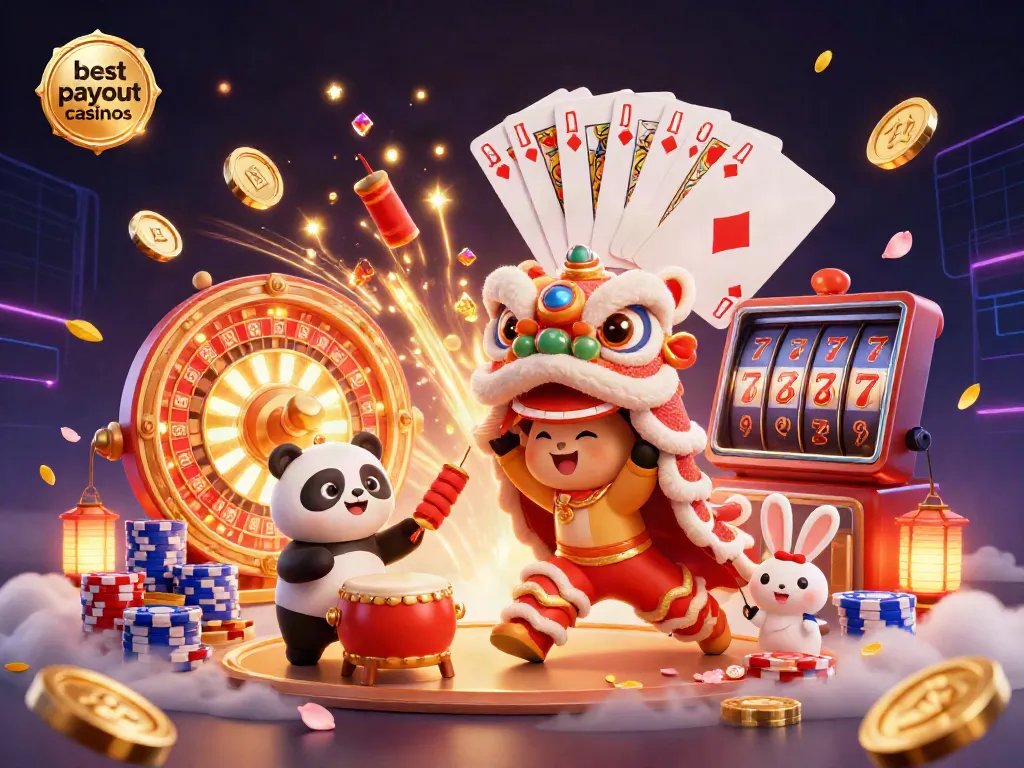 Experience the best payout casinos in a lively 3D scene with vibrant characters and energetic casino elements.