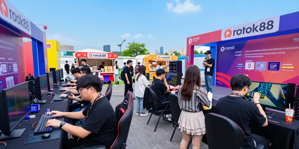 Exciting gaming event scene highlighting rokok88 merchandise and enthusiastic gamers engaging in competitions.