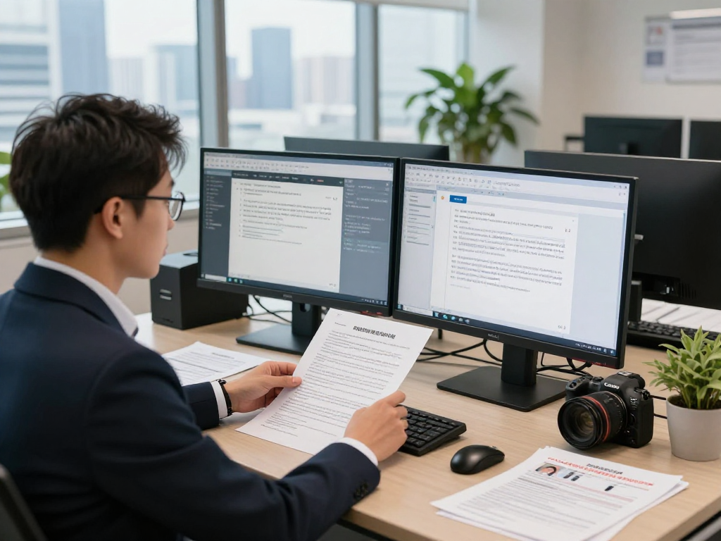 Security analyst engaged in document fraud detection process using advanced software in a professional office.
