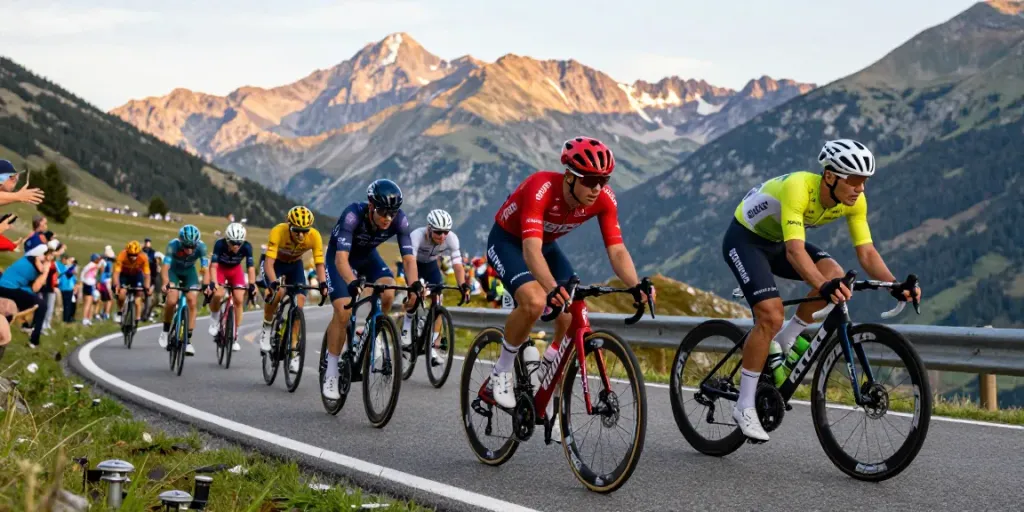 Ciclismo professionistico in gara con ciclisti in azione tra le montagne, atmosfera intensa e fan entusiasti.