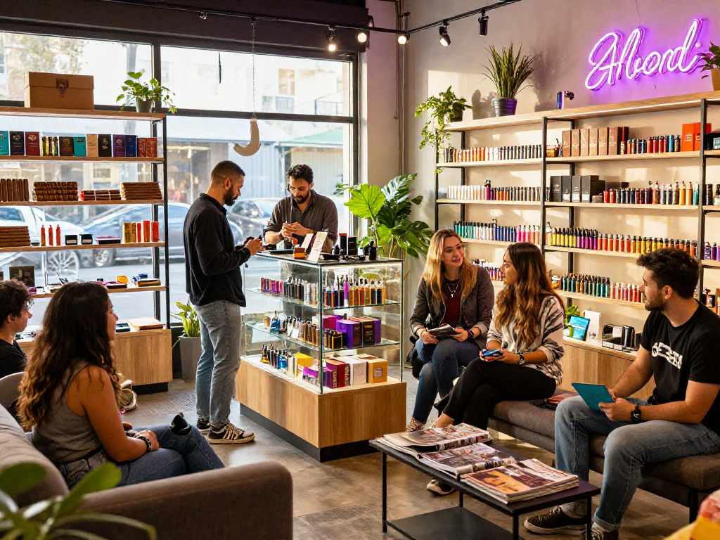 Shopkeeper at vibrant smoke shop showcasing rokok88 products to diverse customers.