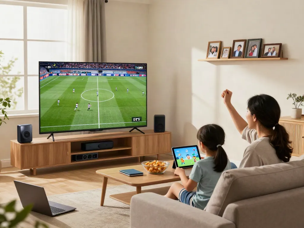 A family tests IPTV while enjoying sports and cartoons in their cozy living room.