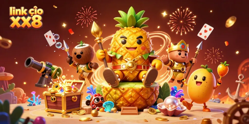Join the excitement at link vào xx8 with a vibrant 3D casino scene featuring a pineapple king and friends.