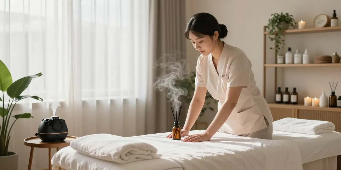 Calming massage therapy room ambiance showcasing 용인출장마사지 service setup.